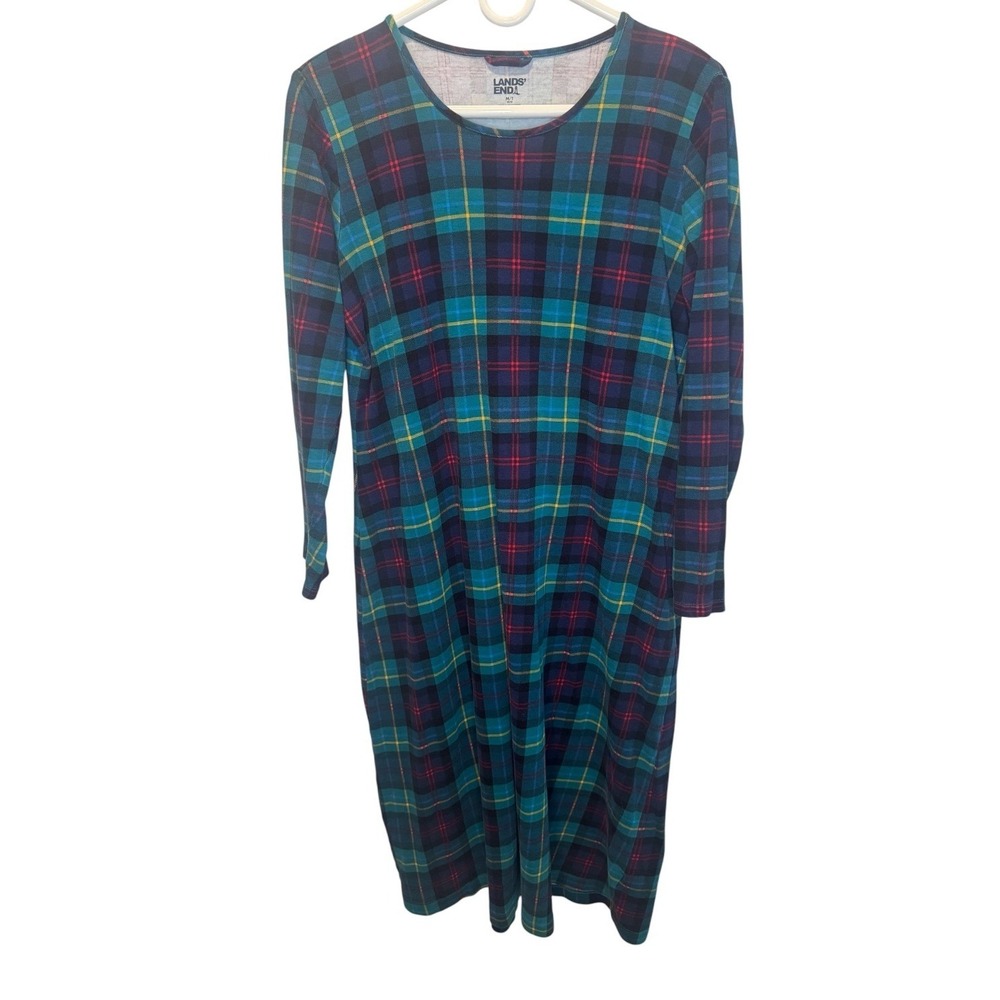 Lands End Womens Colorful Plaid Long Sleeve Cotton Jersey Nightgown Tall M 10-12